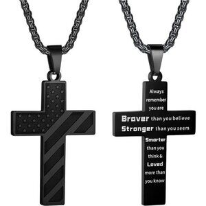 Black American Flag Cross Necklace Men Stainless Steel Box Chain 22+2 inch NEW